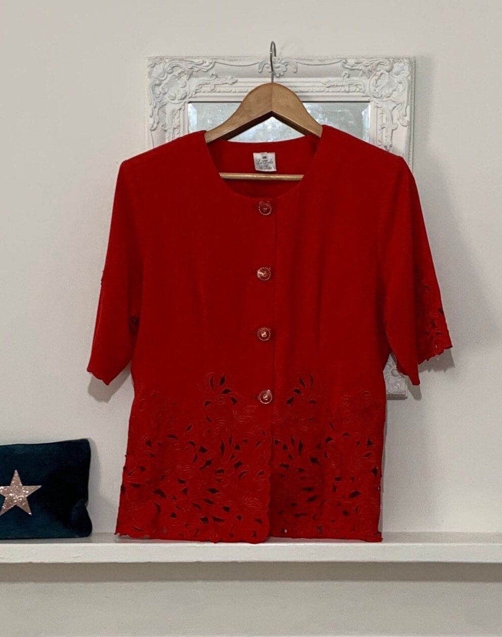 Vintage red Blouse - 1980s short Sleeve Size 14 cutout pattern to hem with shoulder pads