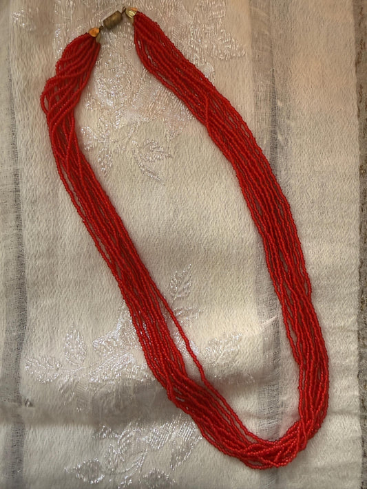 Vintage Red Glass Seed Bead Necklace, Multi Strand Necklace, Mid Century Jewellery, Long Red Beaded Necklace