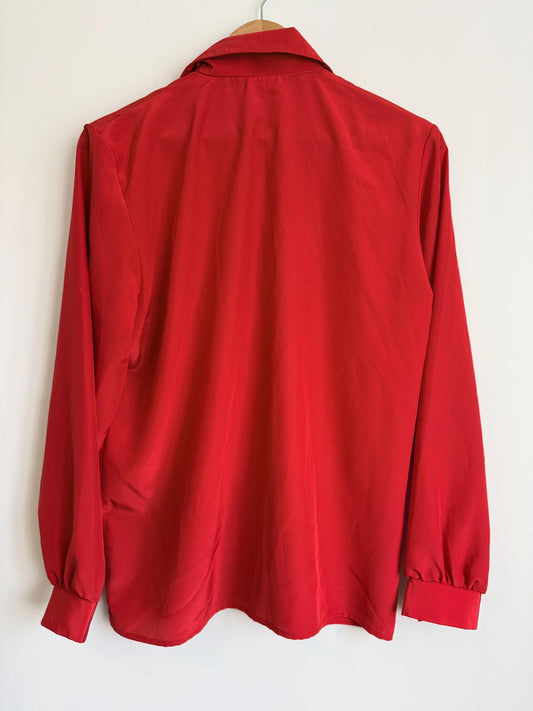 Vintage Red Silk-Look Blouse | 1970s Minimalist Workwear Shirt UK 10