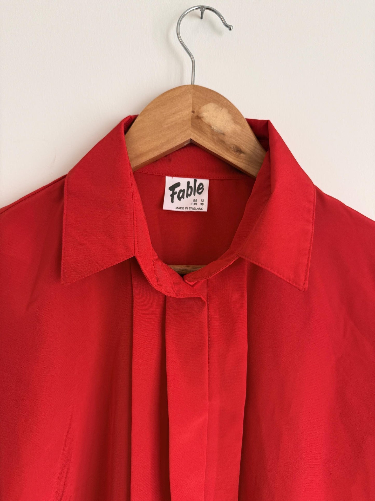 Vintage Red Silk-Look Blouse | 1970s Minimalist Workwear Shirt UK 10