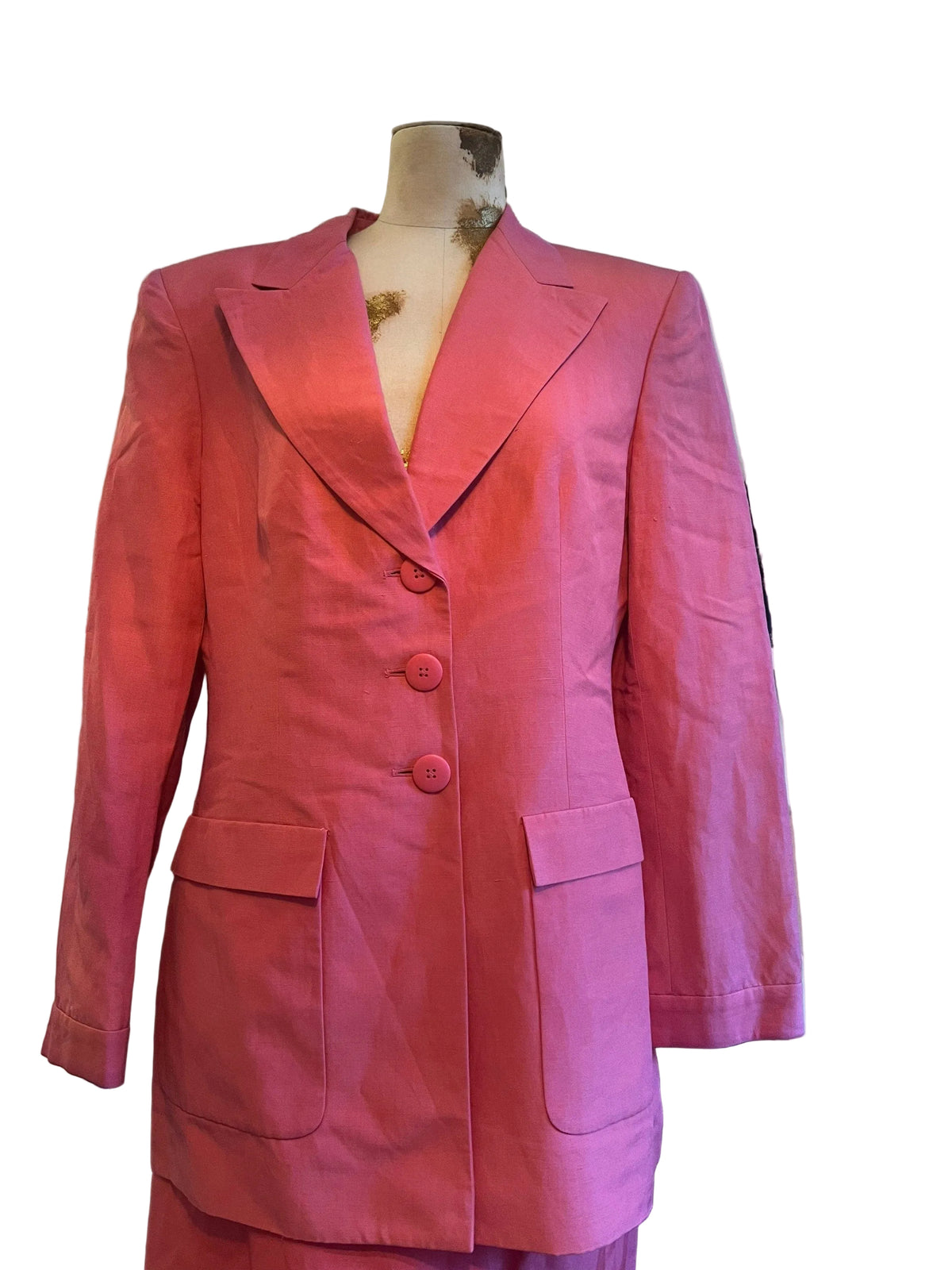 Vintage Silk Suit Linen Skirt Suit - pencil Skirt and longline blazer with pocket details Size UK12 - Pink 1990s