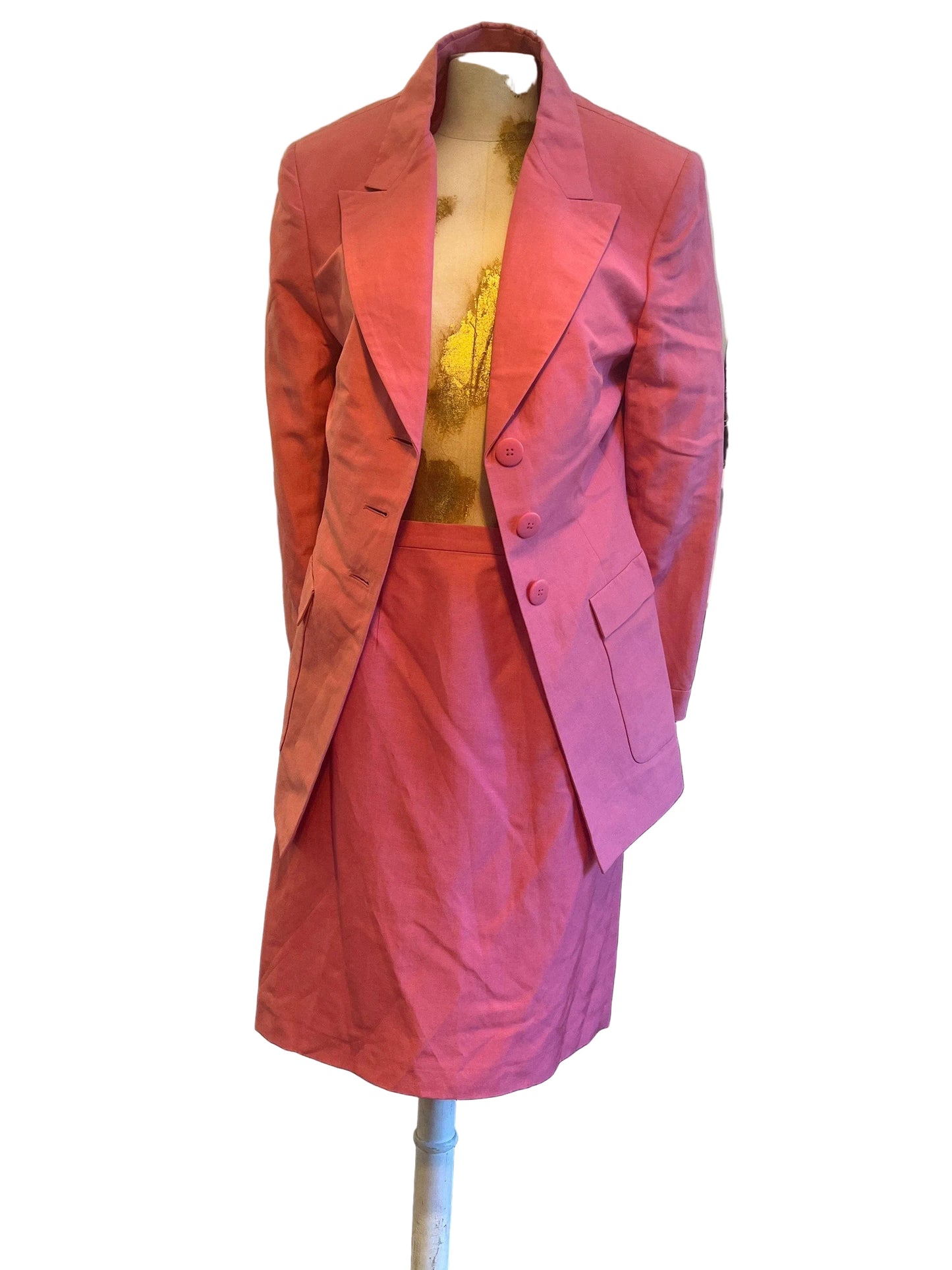 Vintage Silk Suit Linen Skirt Suit - pencil Skirt and longline blazer with pocket details Size UK12 - Pink 1990s