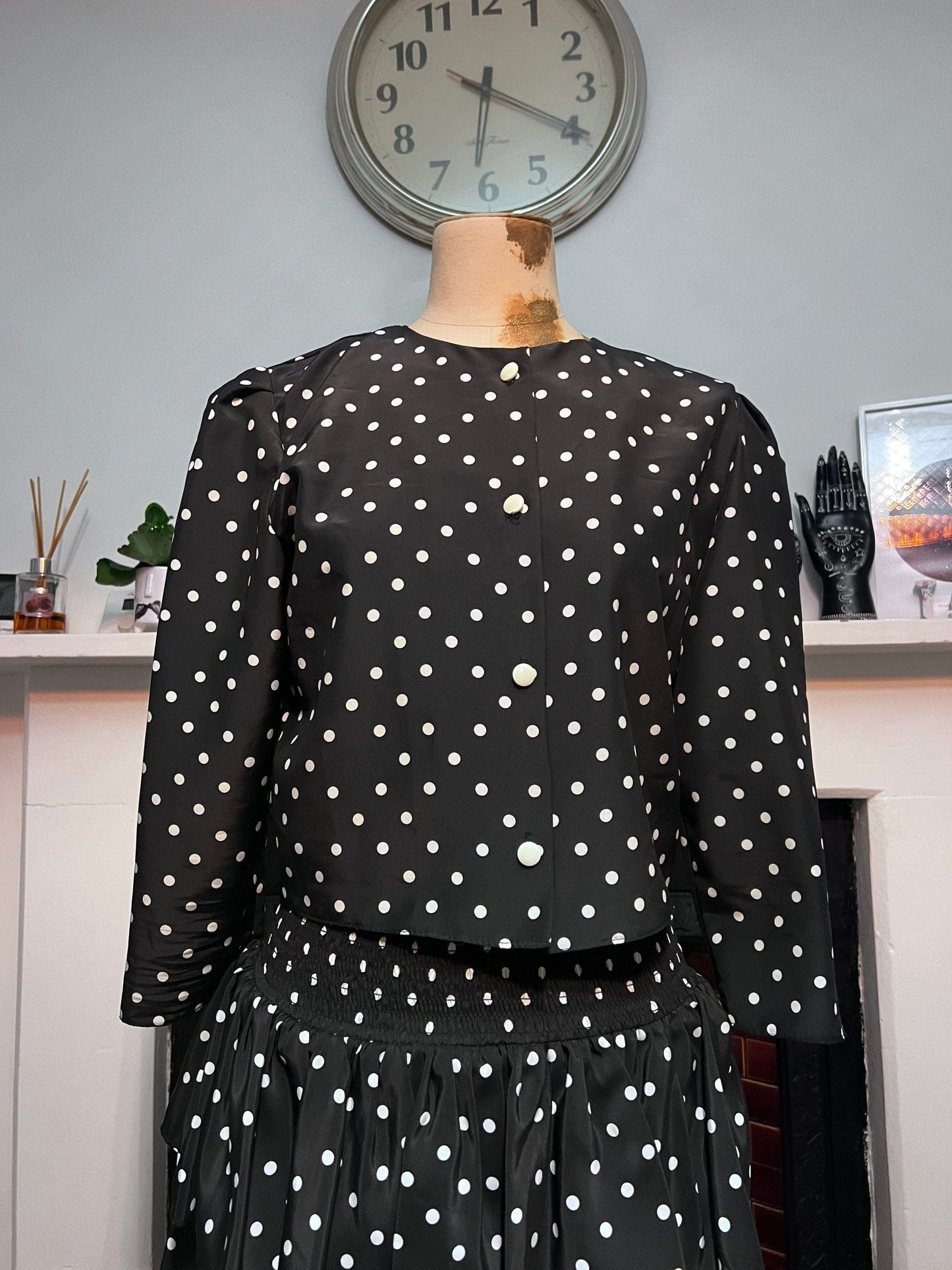 Vintage Suit Set 80s two peice skirt and top black and white polka dot - rara skirt and cropped box blouse 1980s suit - berketex