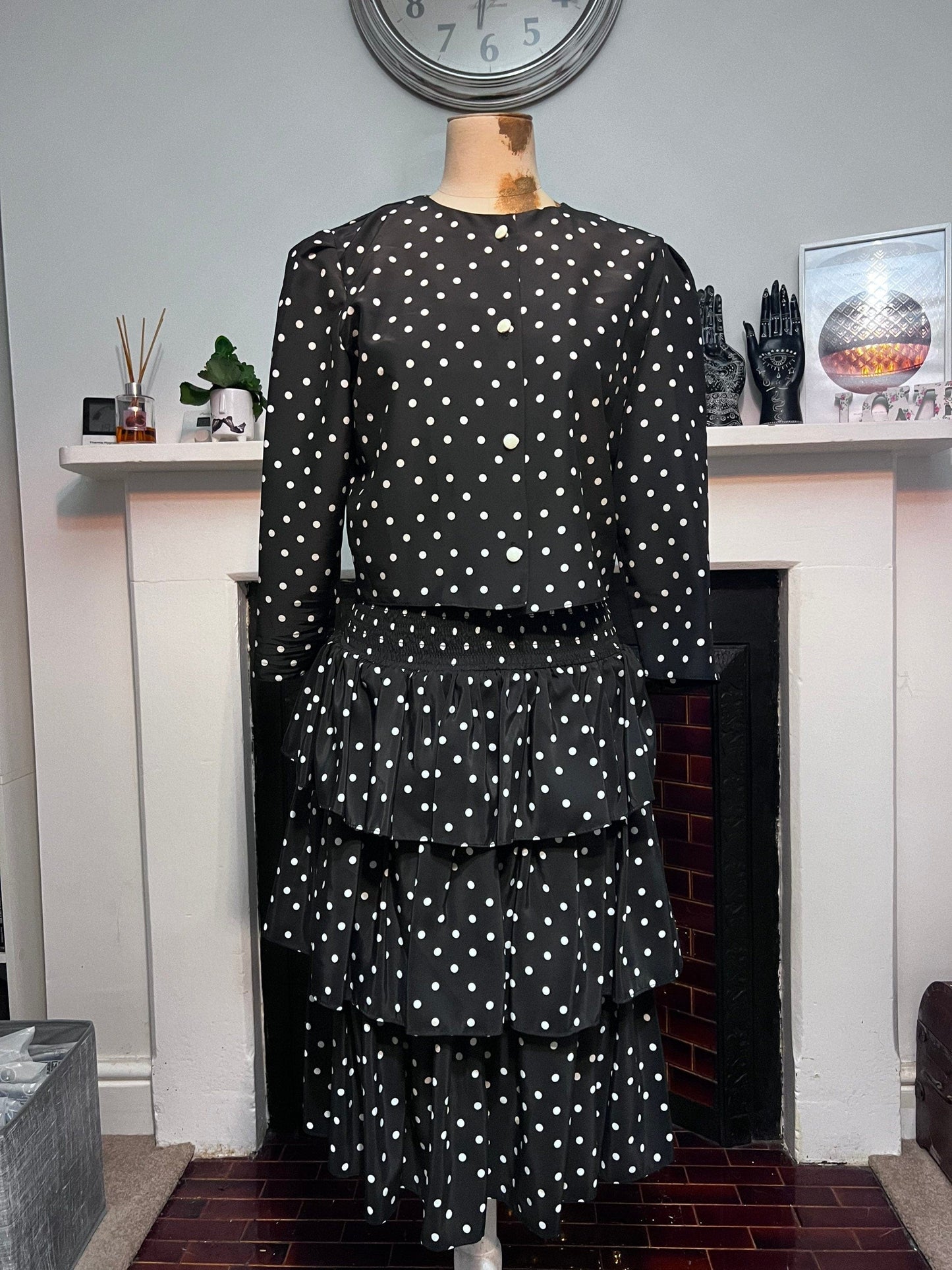 Vintage Suit Set 80s two peice skirt and top black and white polka dot - rara skirt and cropped box blouse 1980s suit - berketex