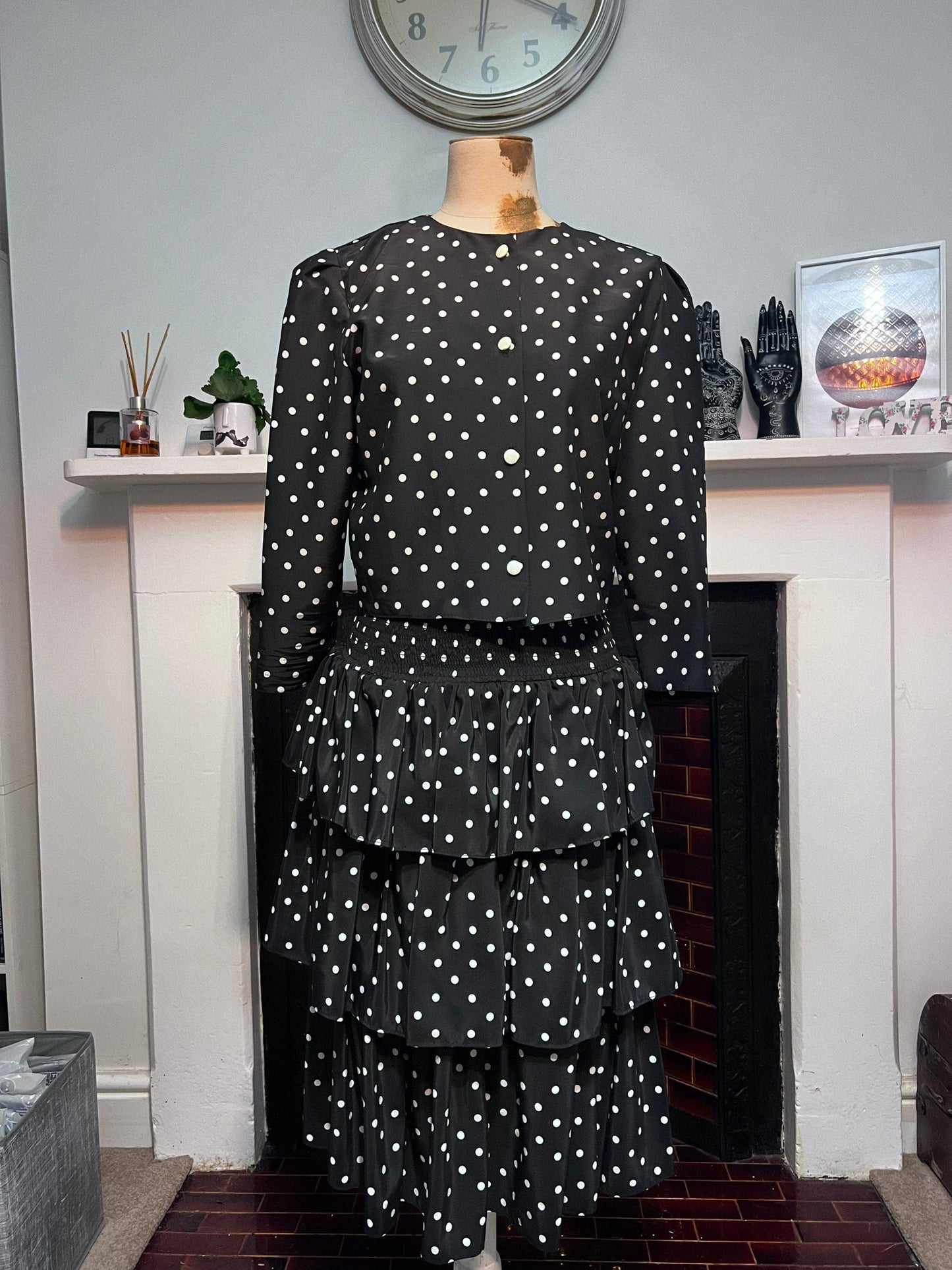 Vintage Suit Set 80s two peice skirt and top black and white polka dot - rara skirt and cropped box blouse 1980s suit - berketex