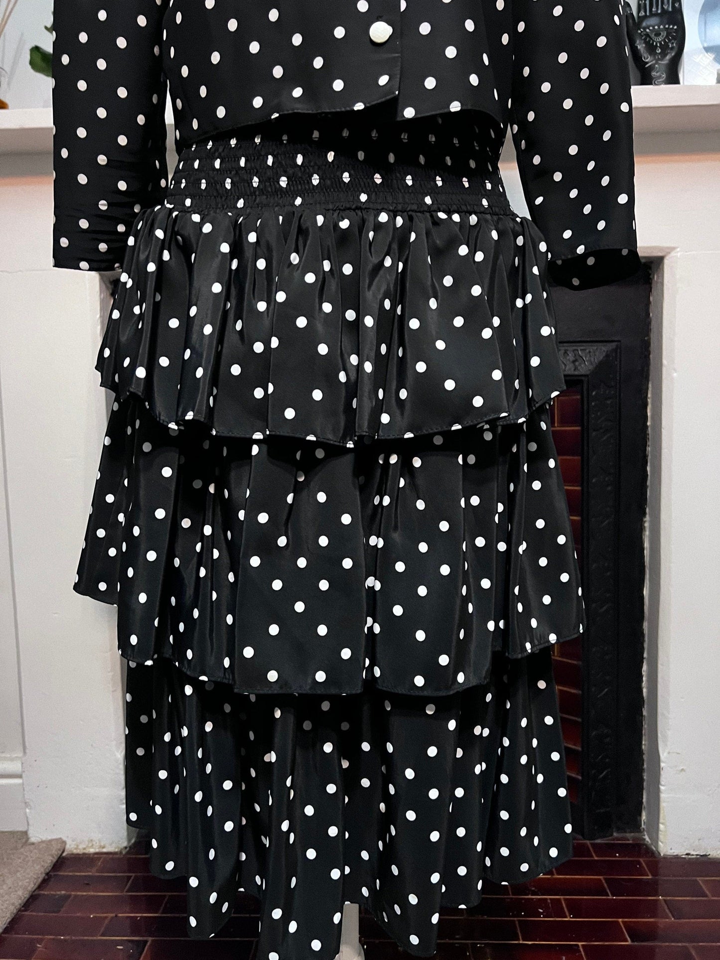 Vintage Suit Set 80s two peice skirt and top black and white polka dot - rara skirt and cropped box blouse 1980s suit - berketex
