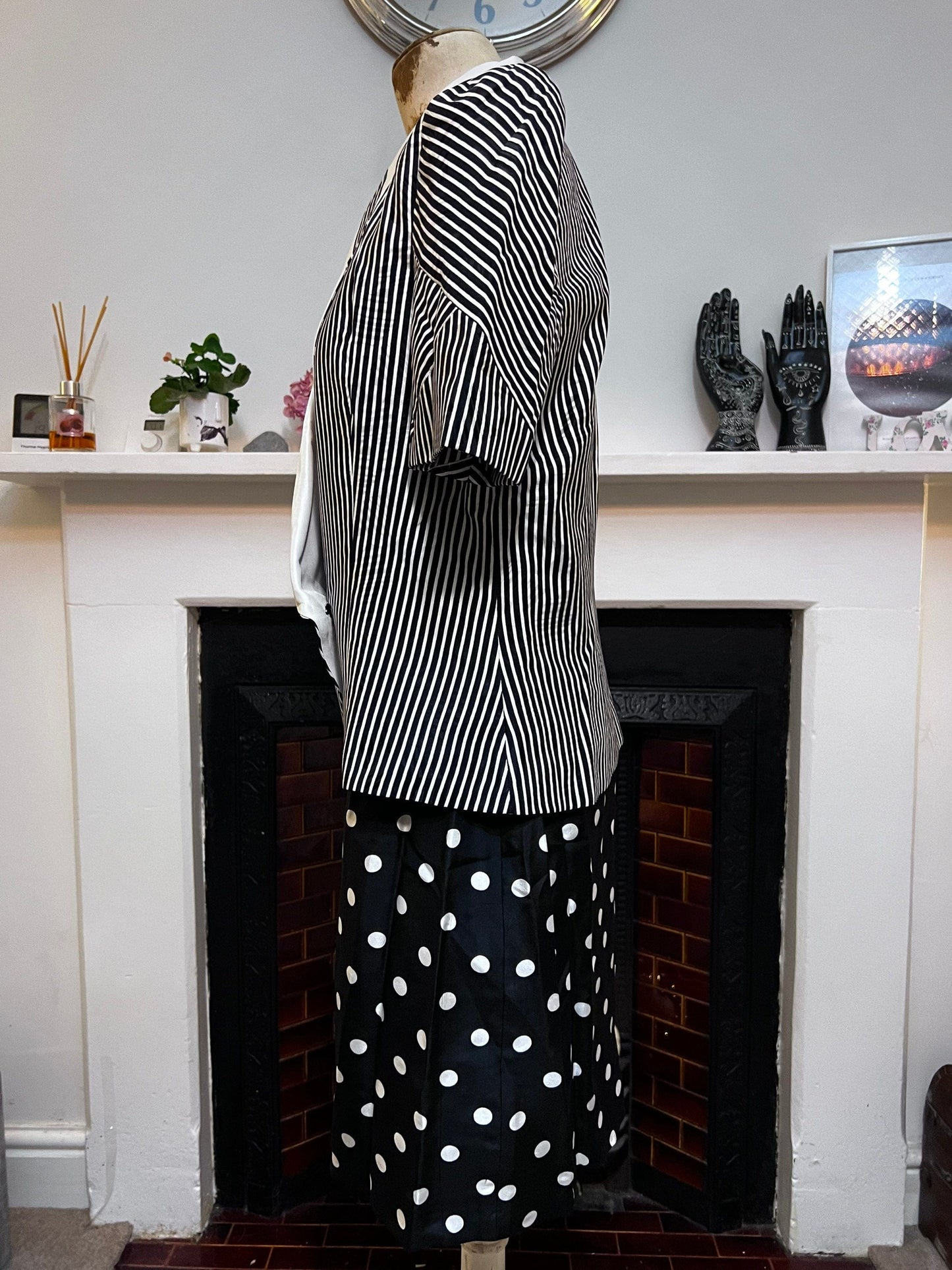 Vintage Suit 80s Ladies Silk Skirt Suit Polka Dot Skirt and Double Breasted Stripe Jacket Statement Buttons 1980s Raul Blanco New York