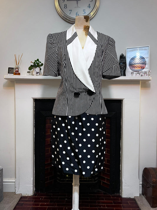 Vintage Suit 80s Ladies Silk Skirt Suit Polka Dot Skirt and Double Breasted Stripe Jacket Statement Buttons 1980s Raul Blanco New York