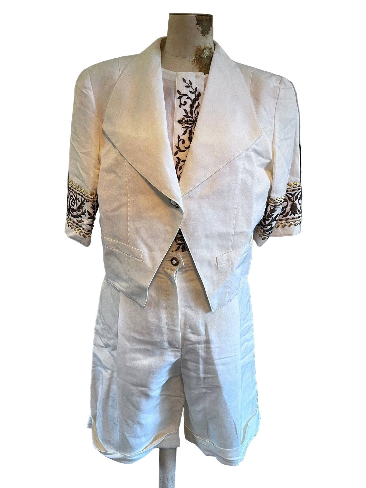 Vintage Suit Three Piece Suit Linen Cream 1980s Shorts Blouse and Jacket Suit - West German - Unworn Suit Still Tagged ! Brand New Vintage