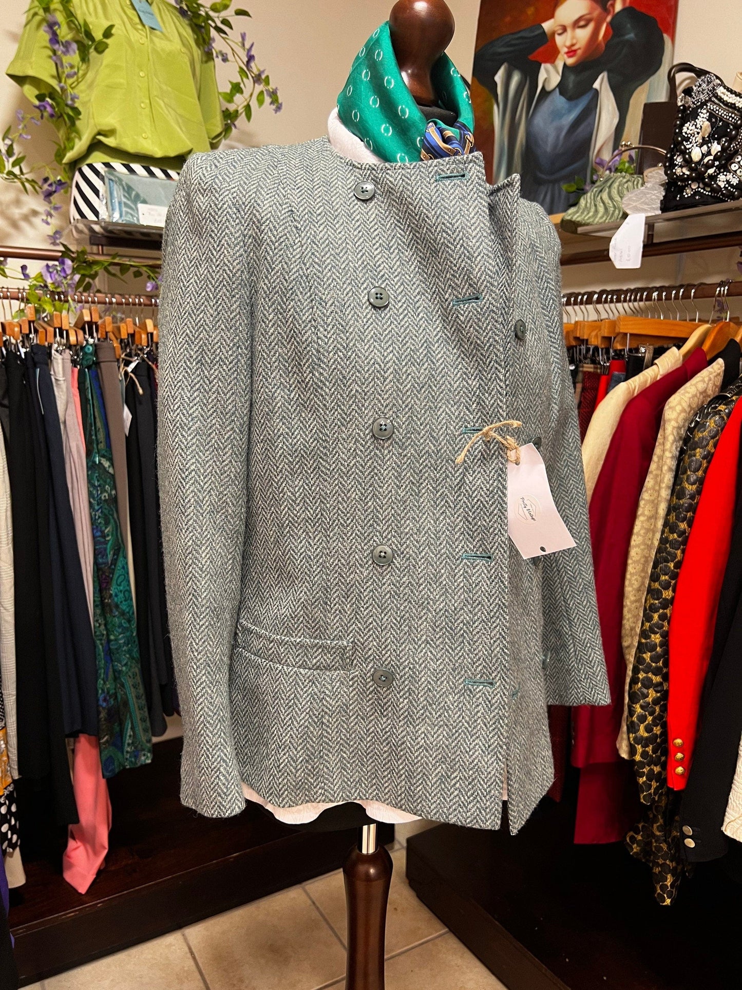 Vintage Green Tweed Blazer Collarless Double Breasted Jacket - Country Casuals