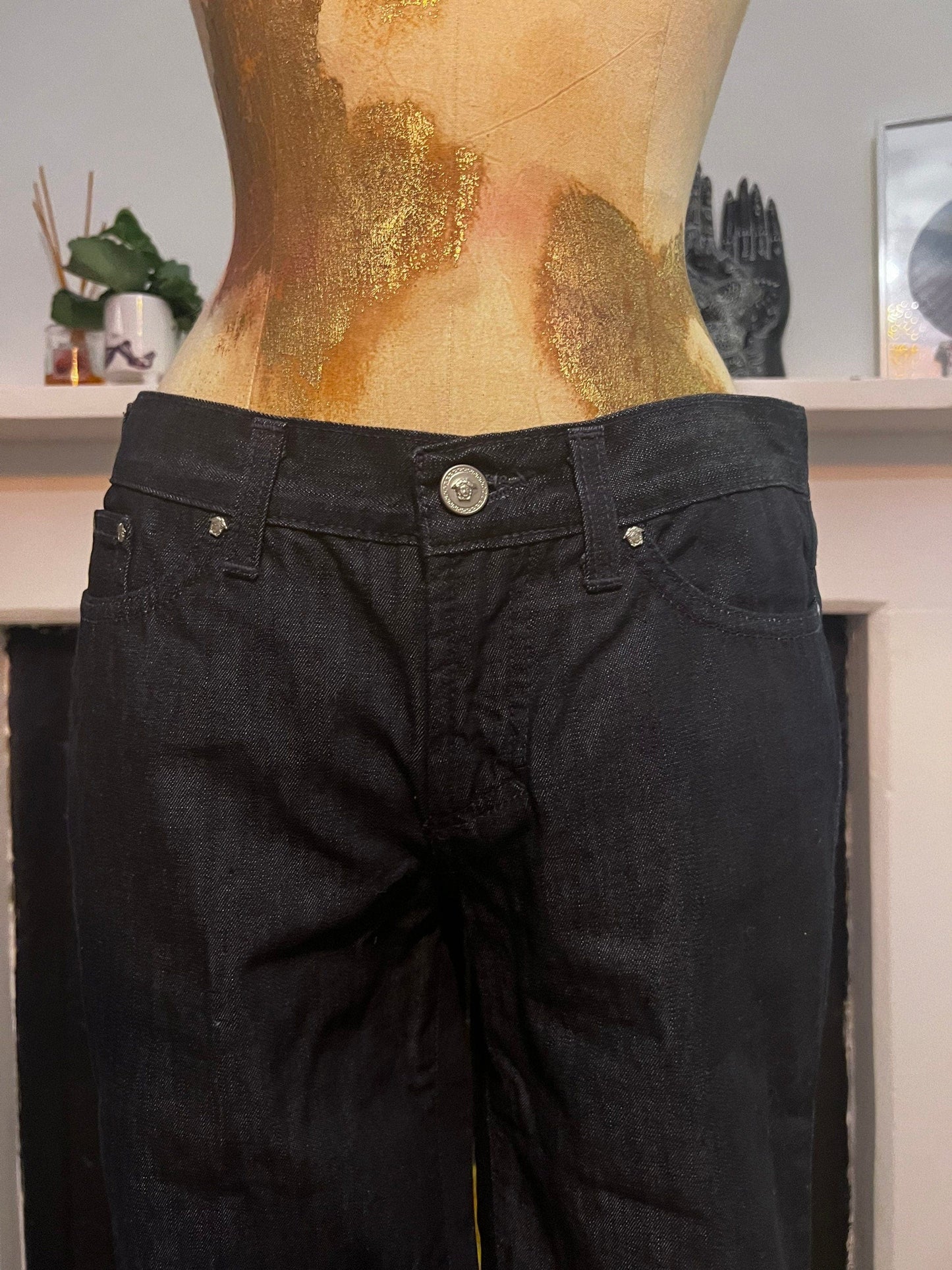 Vintage Versace Jeans Signature Couture Jeans in dark blue over-dye denim and turquoise green rhinestone to back pockets UK8-10 - Unworn