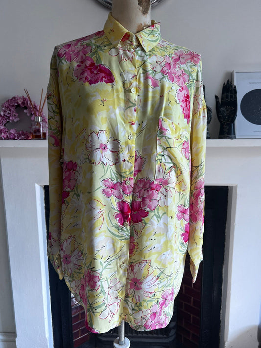 Vintage yellow floral Blouse - long sleeves button front high neck Semi Sheer Shirt - UKM
