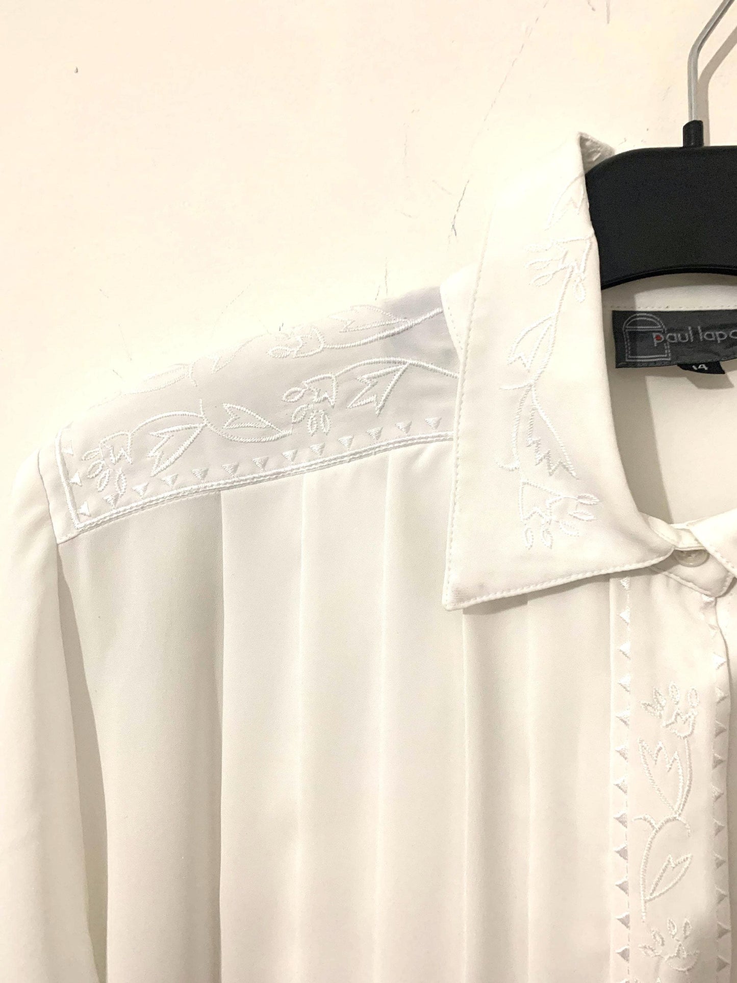 White Vintage Blouse semi sheer Button Through Boxy long Sleeves Shirt - Size 14