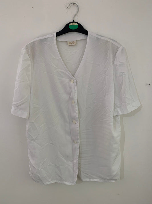 White Vintage Blouse Semi Sheer Button Through Boxy Shirt Sleeves - Size 14