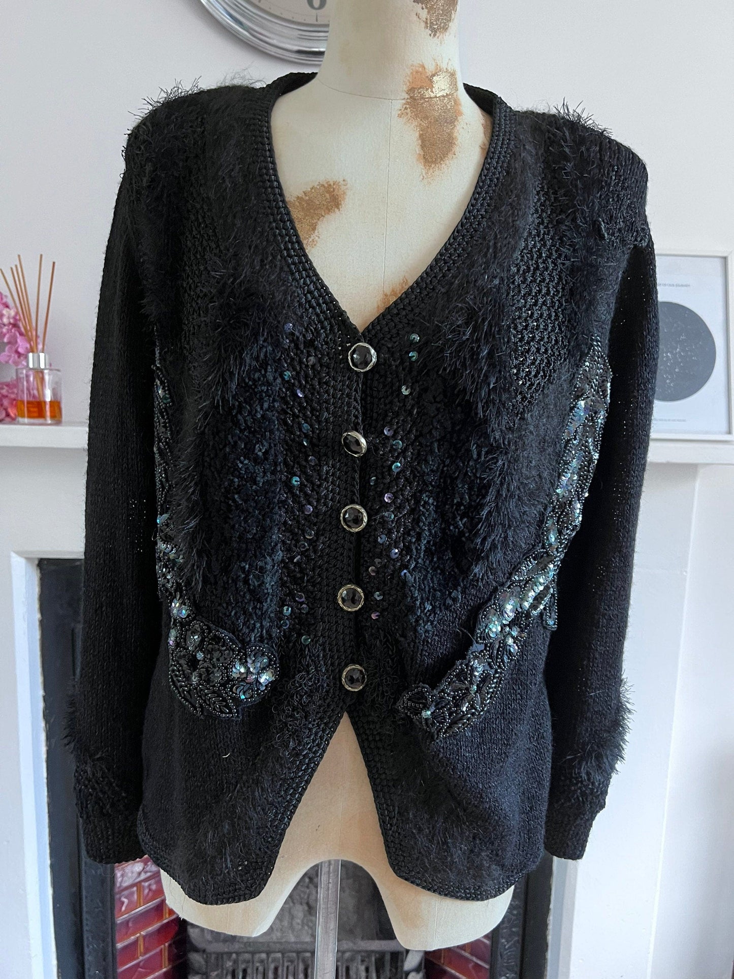 80s Black Vintage cardigan with beading and mohair and chunky button detail UK12