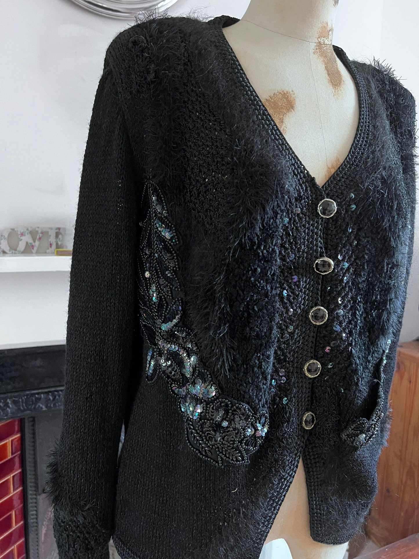 80s Black Vintage cardigan with beading and mohair and chunky button detail UK12