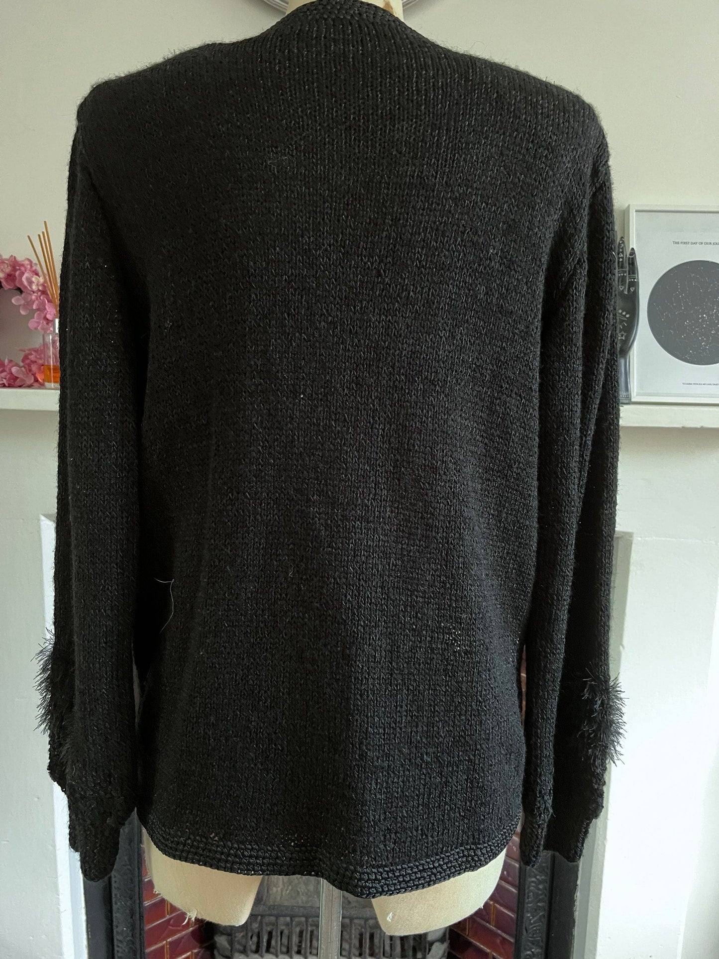 80s Black Vintage cardigan with beading and mohair and chunky button detail UK12