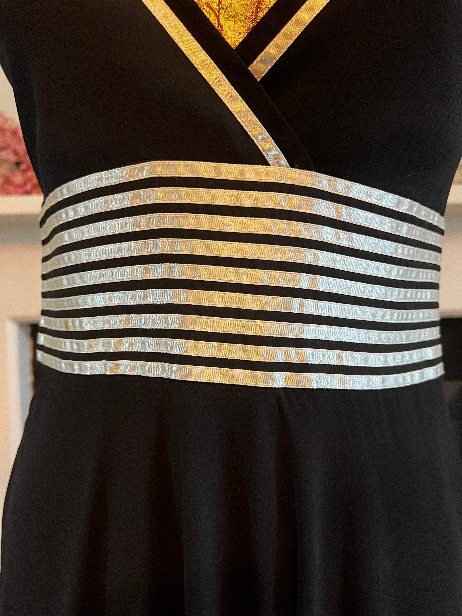 Vintage Black Dress chiffon banded ribbon swing Dress 1990s cocktail Dress - UK10