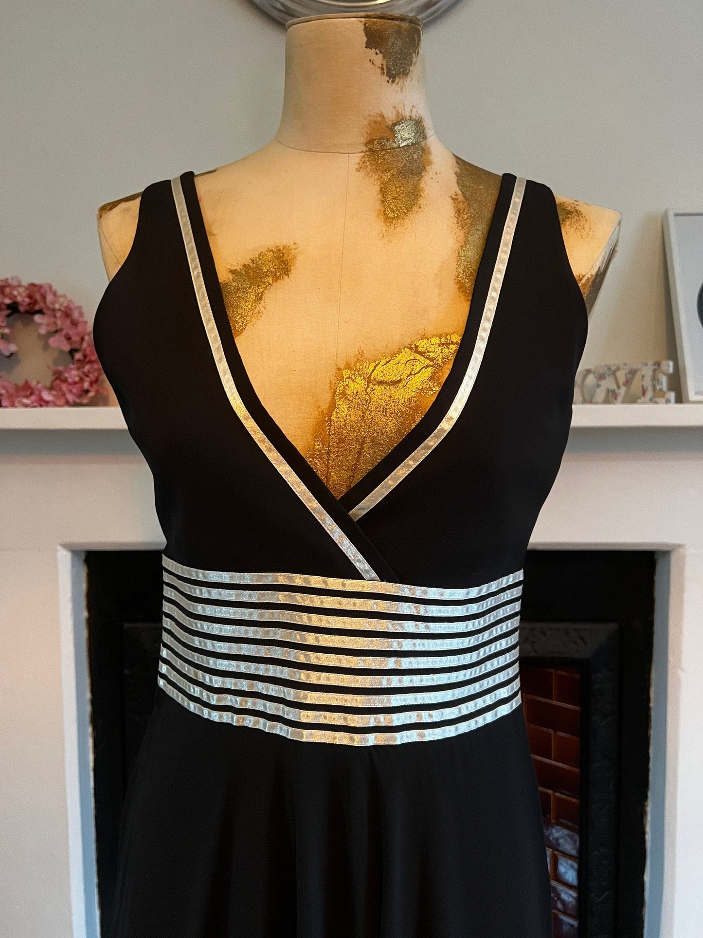Vintage Black Dress chiffon banded ribbon swing Dress 1990s cocktail Dress - UK10
