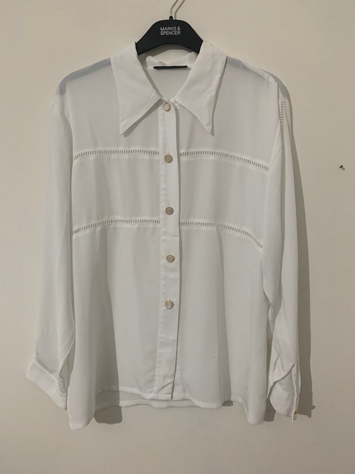 White Vintage Blouse Jacques Vert Button Through Boxy long Sleeves Shirt - Size 14