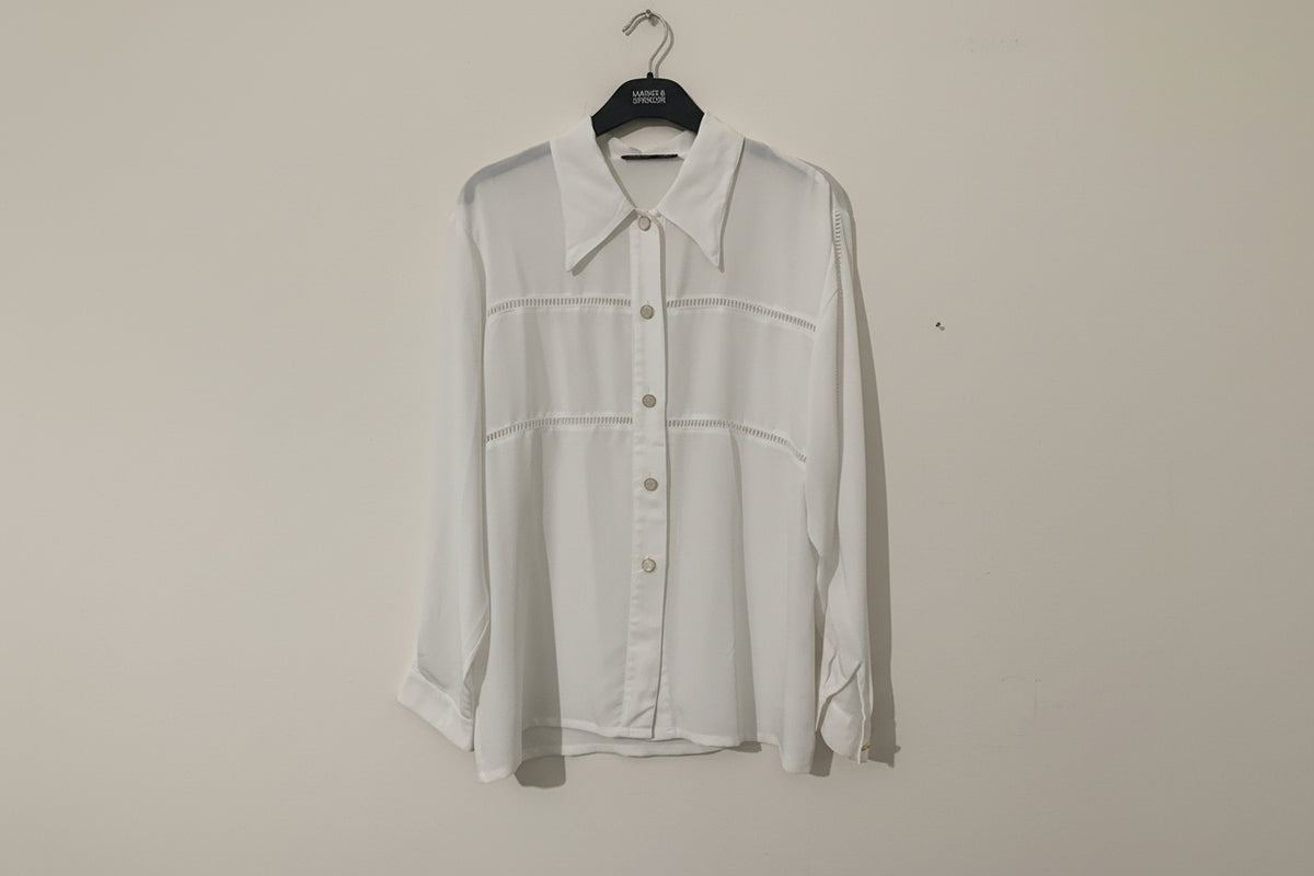 White Vintage Blouse Jacques Vert Button Through Boxy long Sleeves Shirt - Size 14