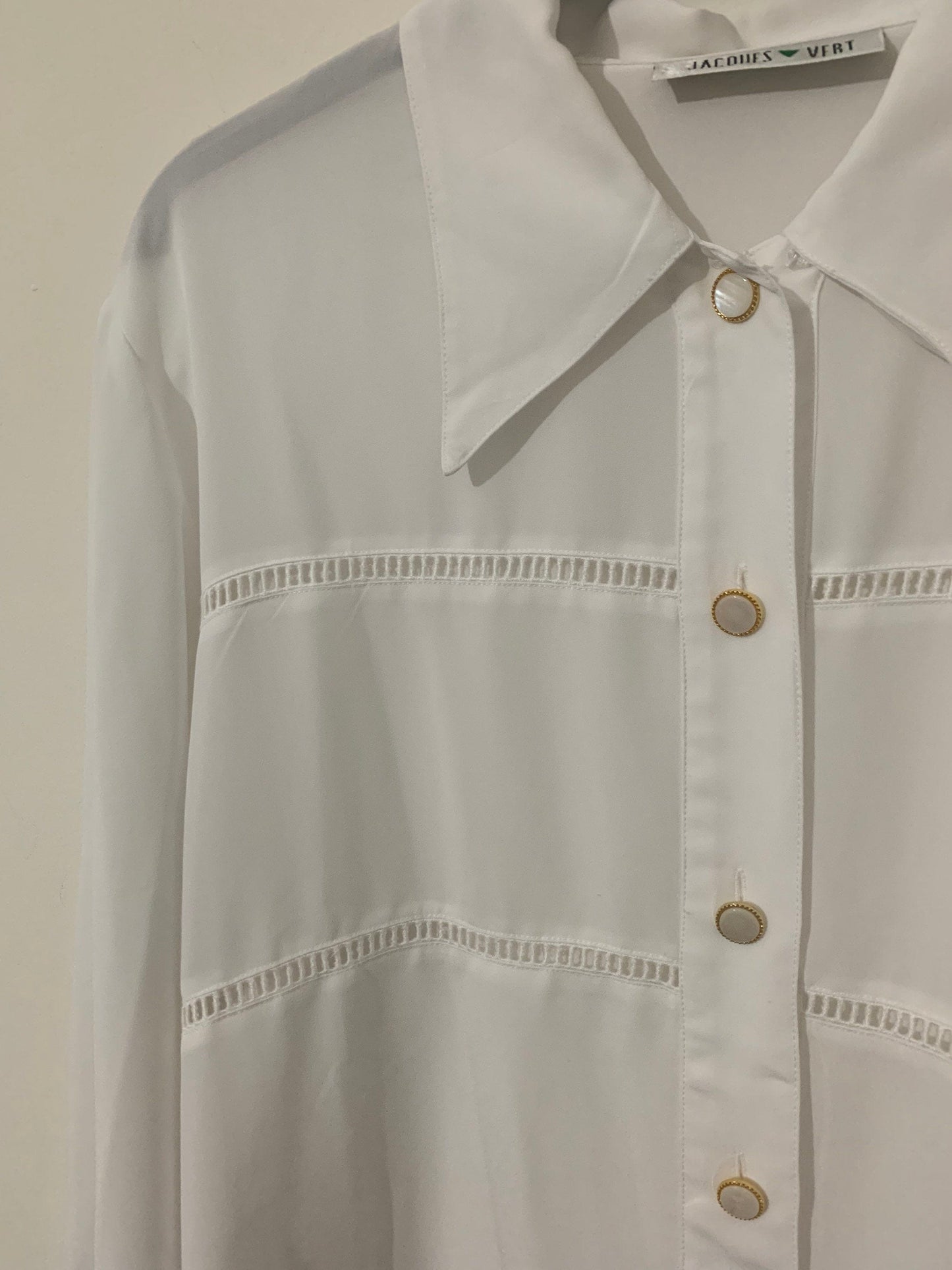 White Vintage Blouse Jacques Vert Button Through Boxy long Sleeves Shirt - Size 14