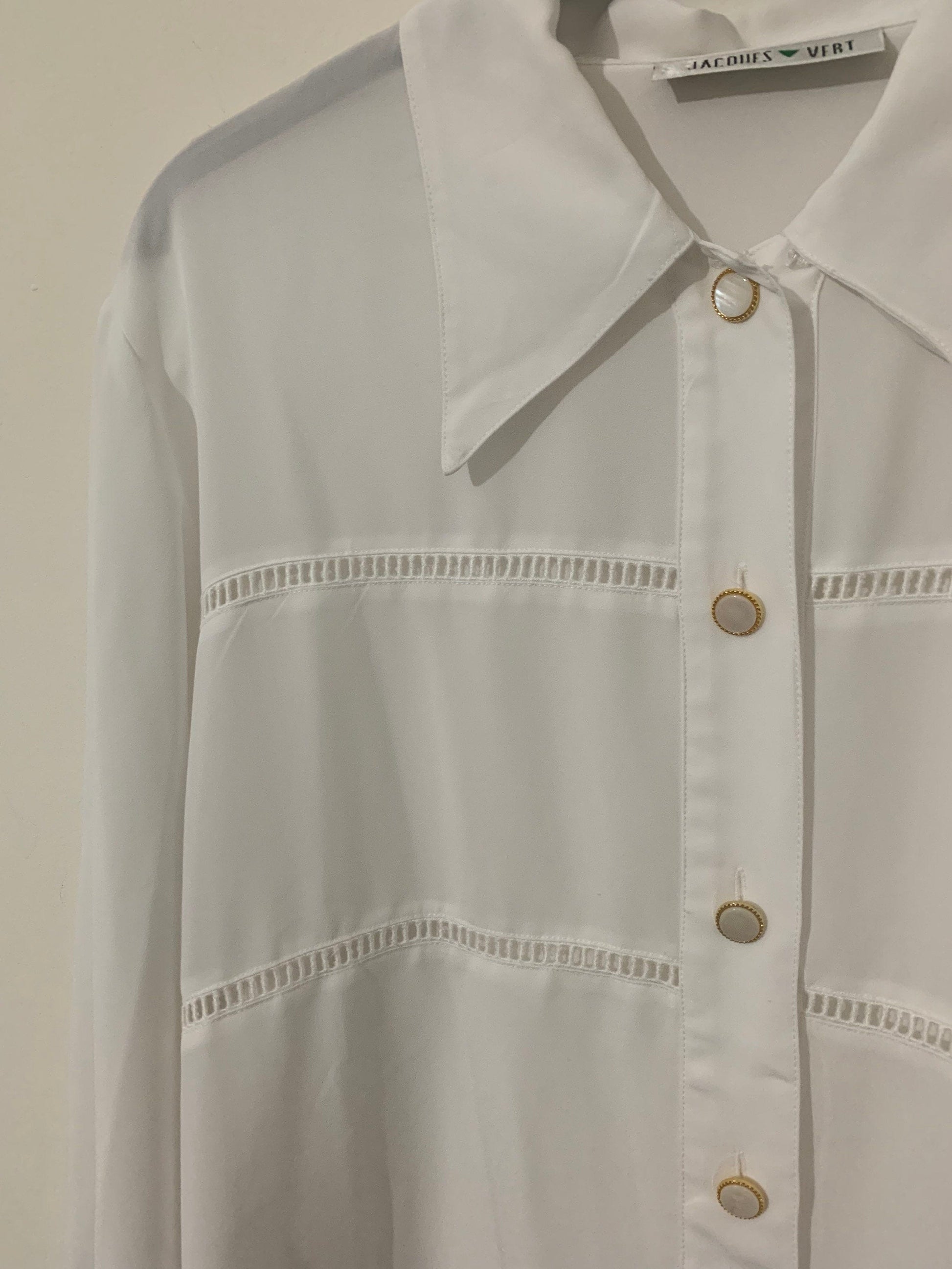 White Vintage Blouse Jacques Vert Button Through Boxy long Sleeves Shirt - Size 14
