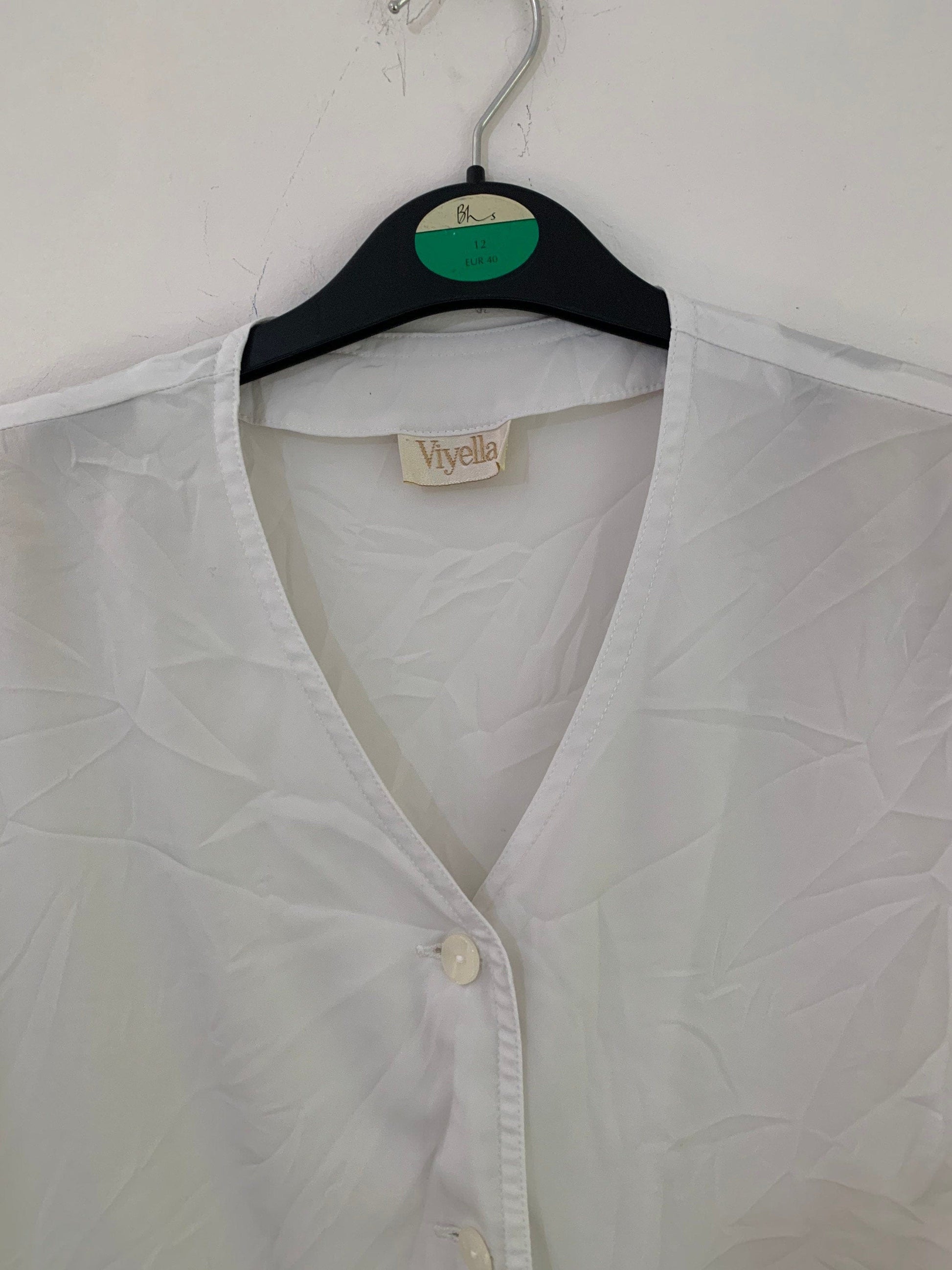 White Vintage Blouse Semi Sheer Button Through Boxy Shirt Sleeves - Size 14