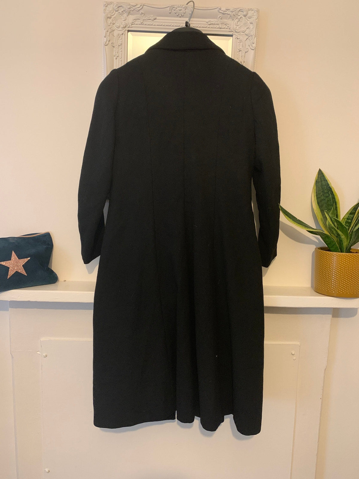 1970s Black A-Line Midi Coat | Wide Collar, Button Front, Fully Lined (UK 8-10)