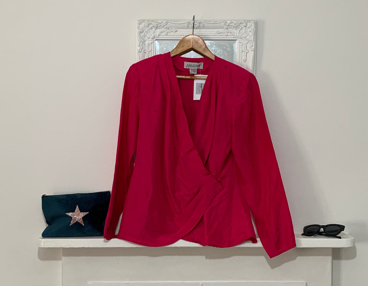 Vintage pink Silk Blouse - long Sleeve crossover Size 10