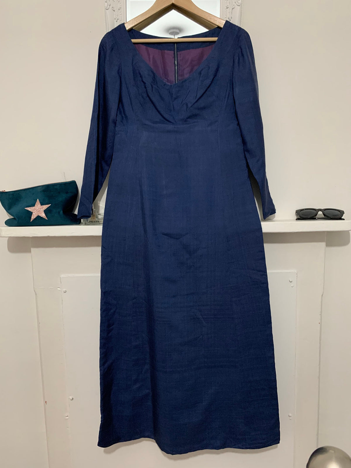 1960s Column Dress Blue Silk - Mary Fair of Baker Street, London