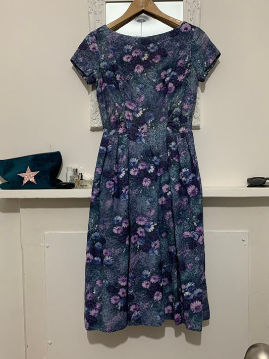Vintage Handmade Swing Dress abstract Purple Pink Flowers Size 10
