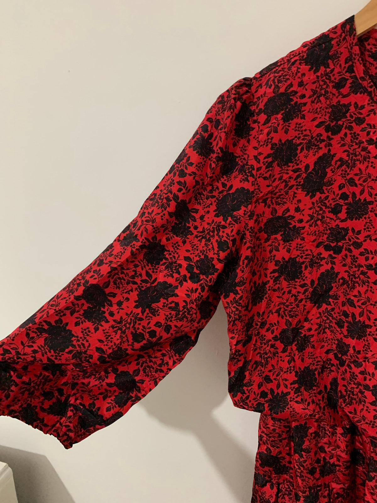 1980s Red Black Floral Midi Dress | Long Sleeve Fit & Flare Day Dress (36" Bust)