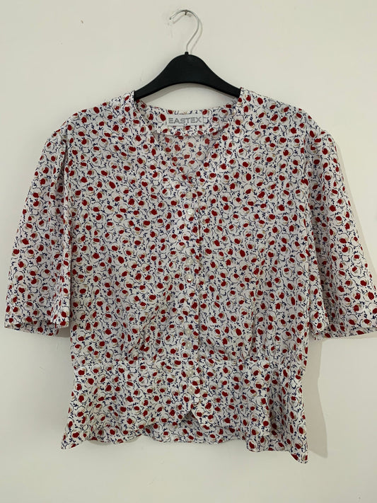 Navy, Red and White Vintage Peplum Blouse Floral Pattern Button Through Boxy short Sleeves - Size 14 vintage blouse, vintage shirt, vintage