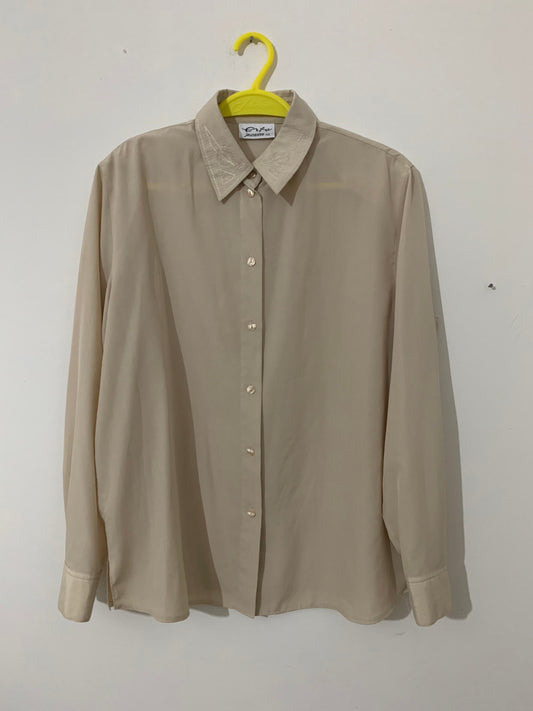 Vintage Blouse - beige long sleeve - Voluminous Sleeve shirt 12-14, vintage blouse, vintage shirt, vintage top, womens vintage top, beige