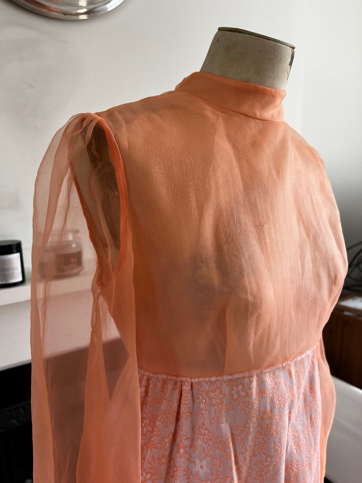 Chiffon Peach Maxi Dress Chiffon Sleeves Dress with Brocade Floral Skirt - some minor holes, vintage dress, peach dress, vintage clothing,