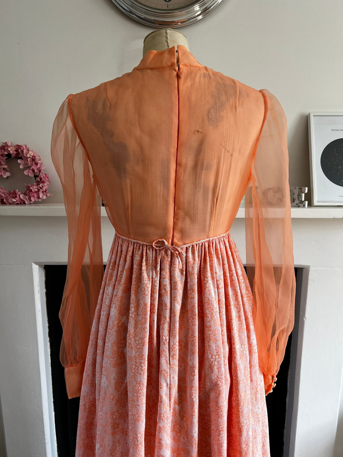 Chiffon Peach Maxi Dress Chiffon Sleeves Dress with Brocade Floral Skirt - some minor holes, vintage dress, peach dress, vintage clothing,