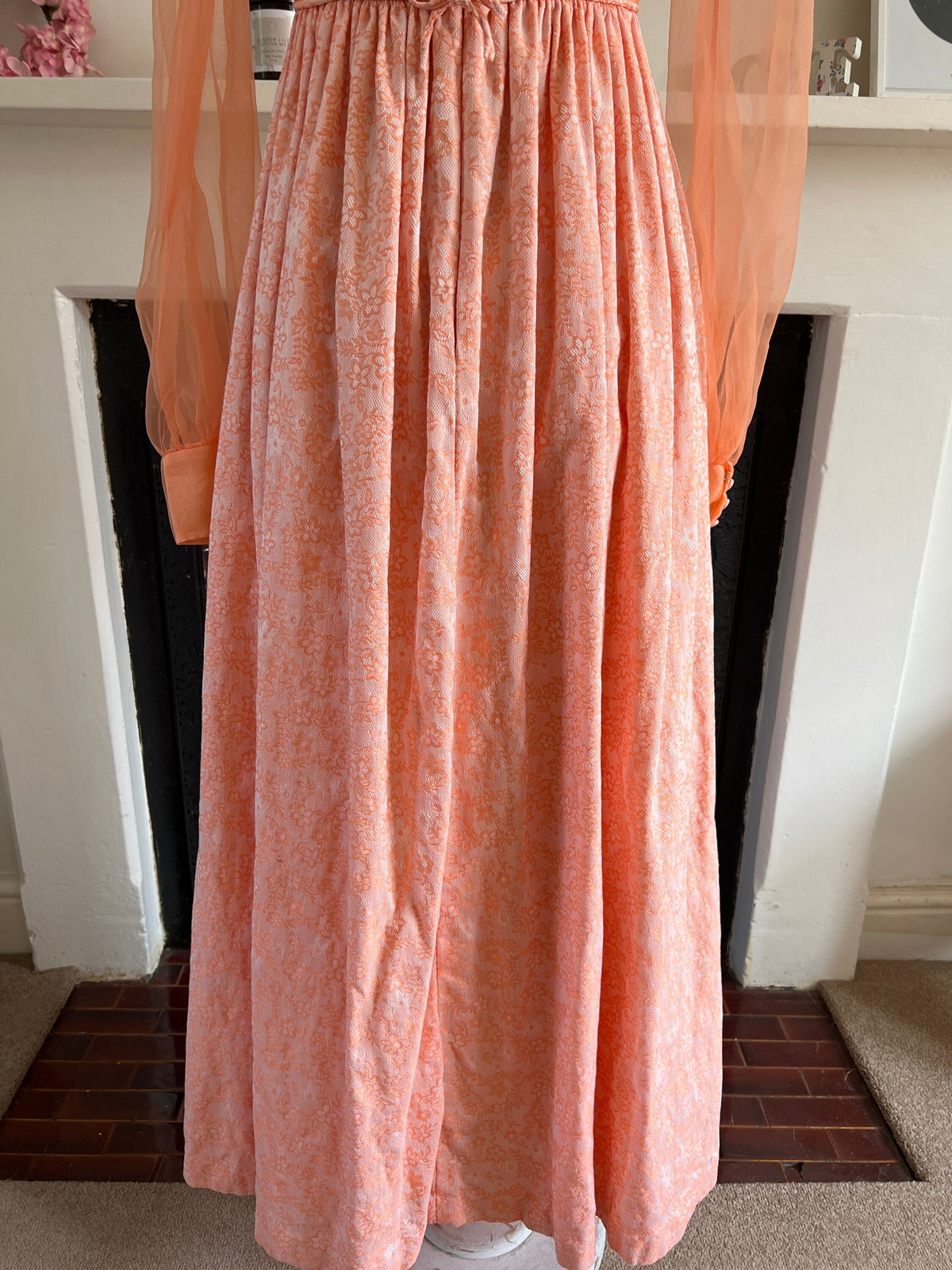 Chiffon Peach Maxi Dress Chiffon Sleeves Dress with Brocade Floral Skirt - some minor holes, vintage dress, peach dress, vintage clothing,