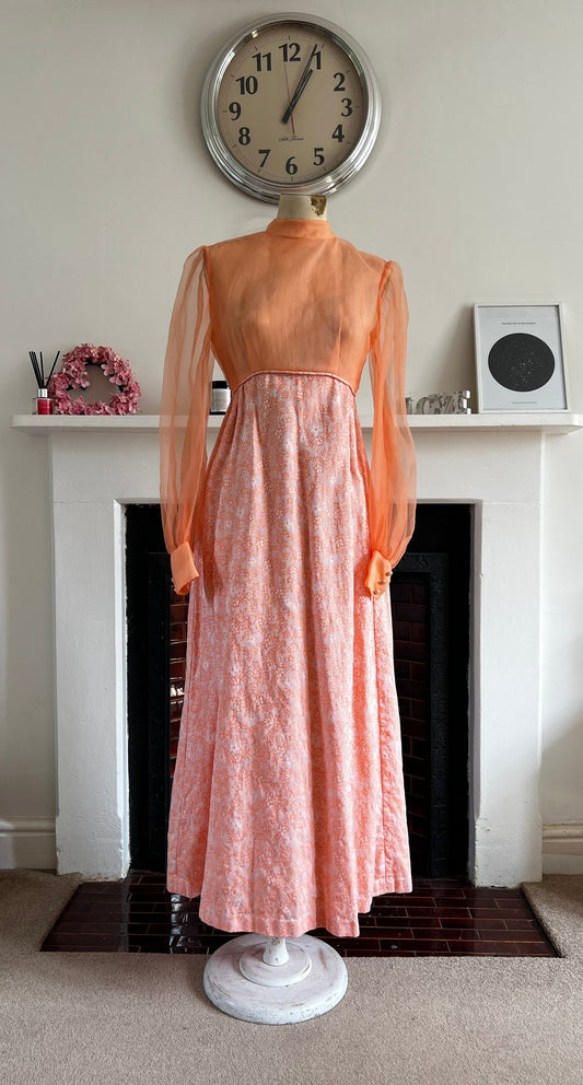 Chiffon Peach Maxi Dress Chiffon Sleeves Dress with Brocade Floral Skirt - some minor holes, vintage dress, peach dress, vintage clothing,