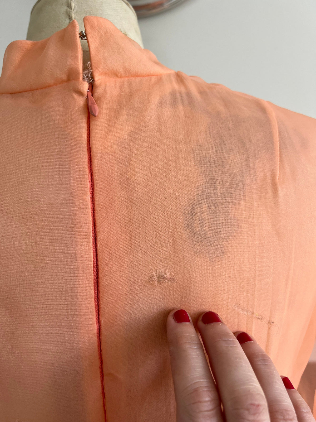 Chiffon Peach Maxi Dress Chiffon Sleeves Dress with Brocade Floral Skirt - some minor holes, vintage dress, peach dress, vintage clothing,