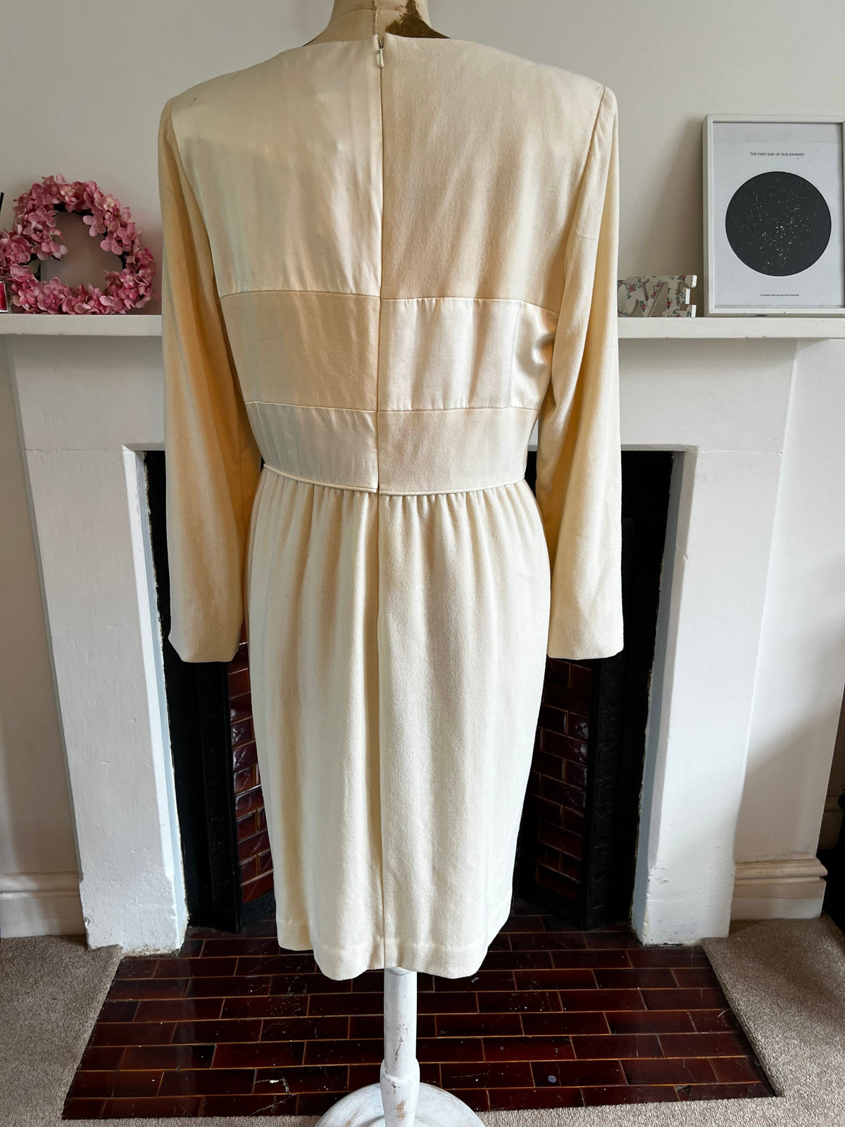 Vintage Cream Dress 80s Long sleeve wool and satin mad men dress - has marks and small holes, vintage dress, vintage clothing, vintage cream