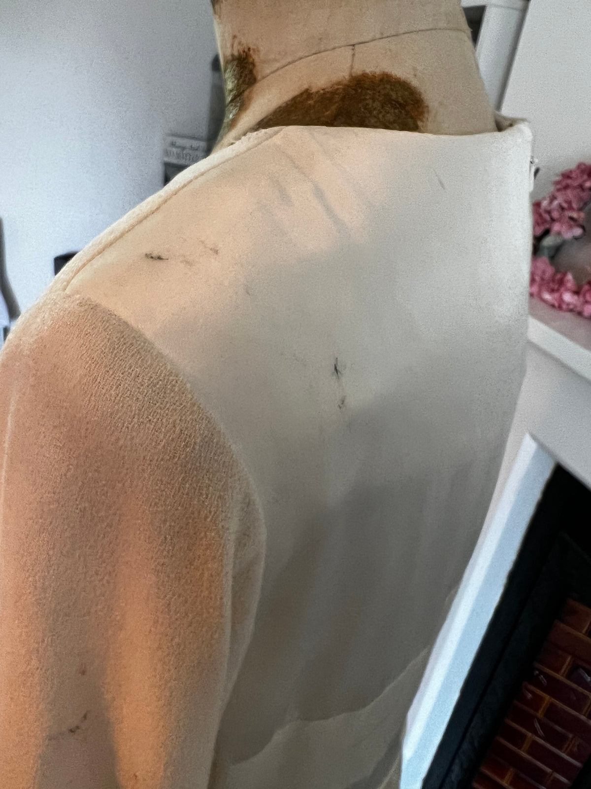 Vintage Cream Dress 80s Long sleeve wool and satin mad men dress - has marks and small holes, vintage dress, vintage clothing, vintage cream