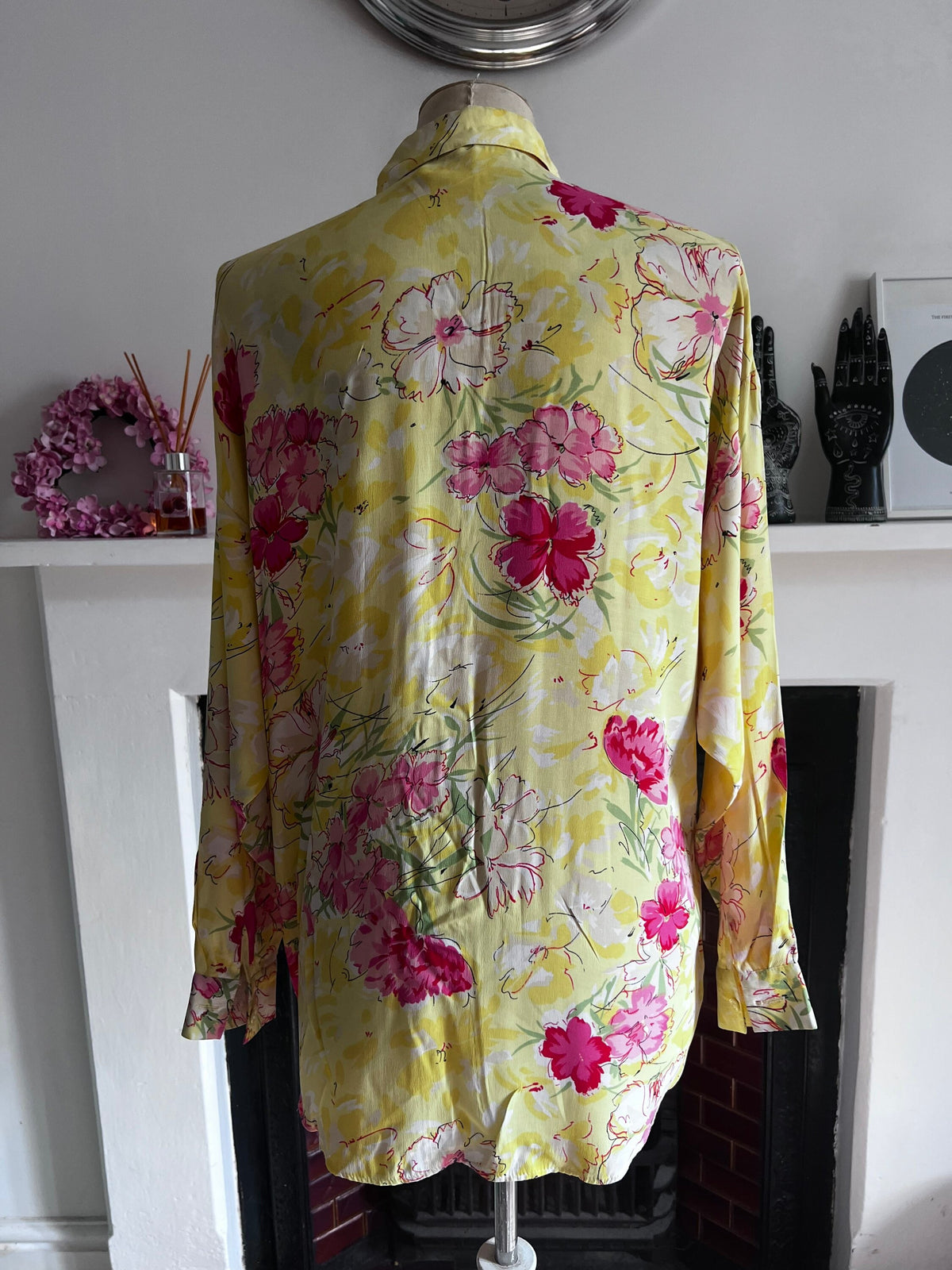 Vintage yellow floral Blouse - long sleeves button front high neck Semi Sheer Shirt, UK M, Vintage Blouse, vintage shirt, floral vintage 80