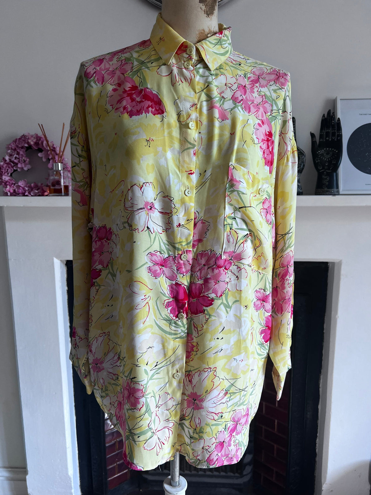Vintage yellow floral Blouse - long sleeves button front high neck Semi Sheer Shirt, UK M, Vintage Blouse, vintage shirt, floral vintage 80