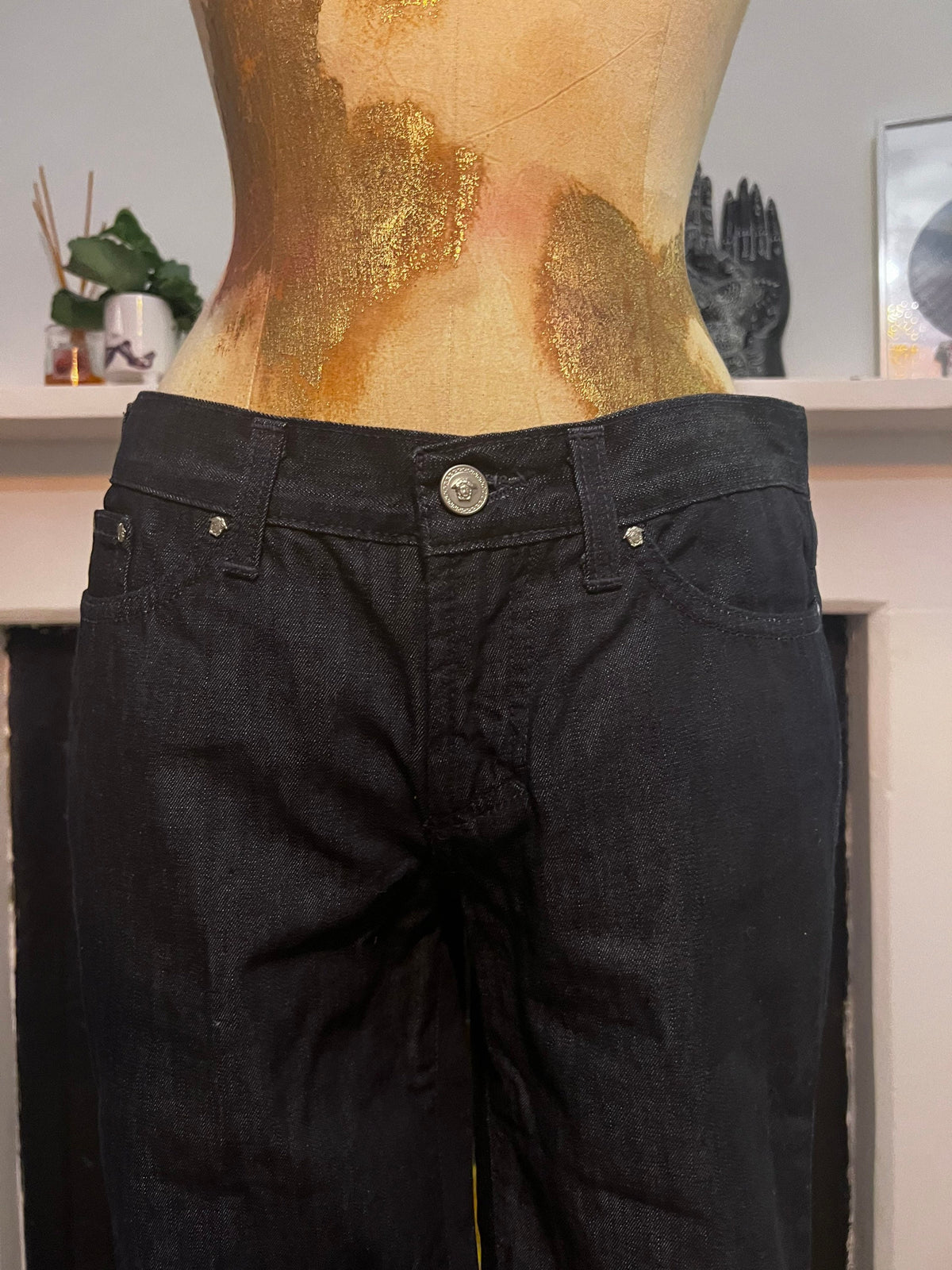 Vintage Versace Jeans Signature Couture Jeans in dark blue over-dye denim and turquoise green rhinestone to back pockets UK8-10 - Unworn