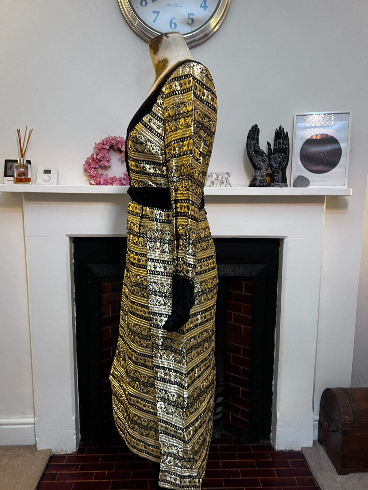 Vintage Tunic & Trousers Jean Varon Black Gold Gold Brocade Velvet Dress and Velvet Trousers 34 UK 8, black gold dress, little black dress,