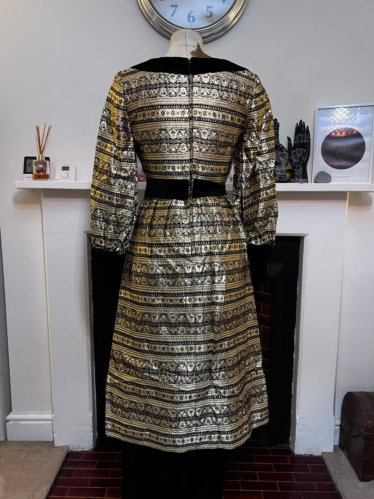 Vintage Tunic & Trousers Jean Varon Black Gold Gold Brocade Velvet Dress and Velvet Trousers 34 UK 8, black gold dress, little black dress,