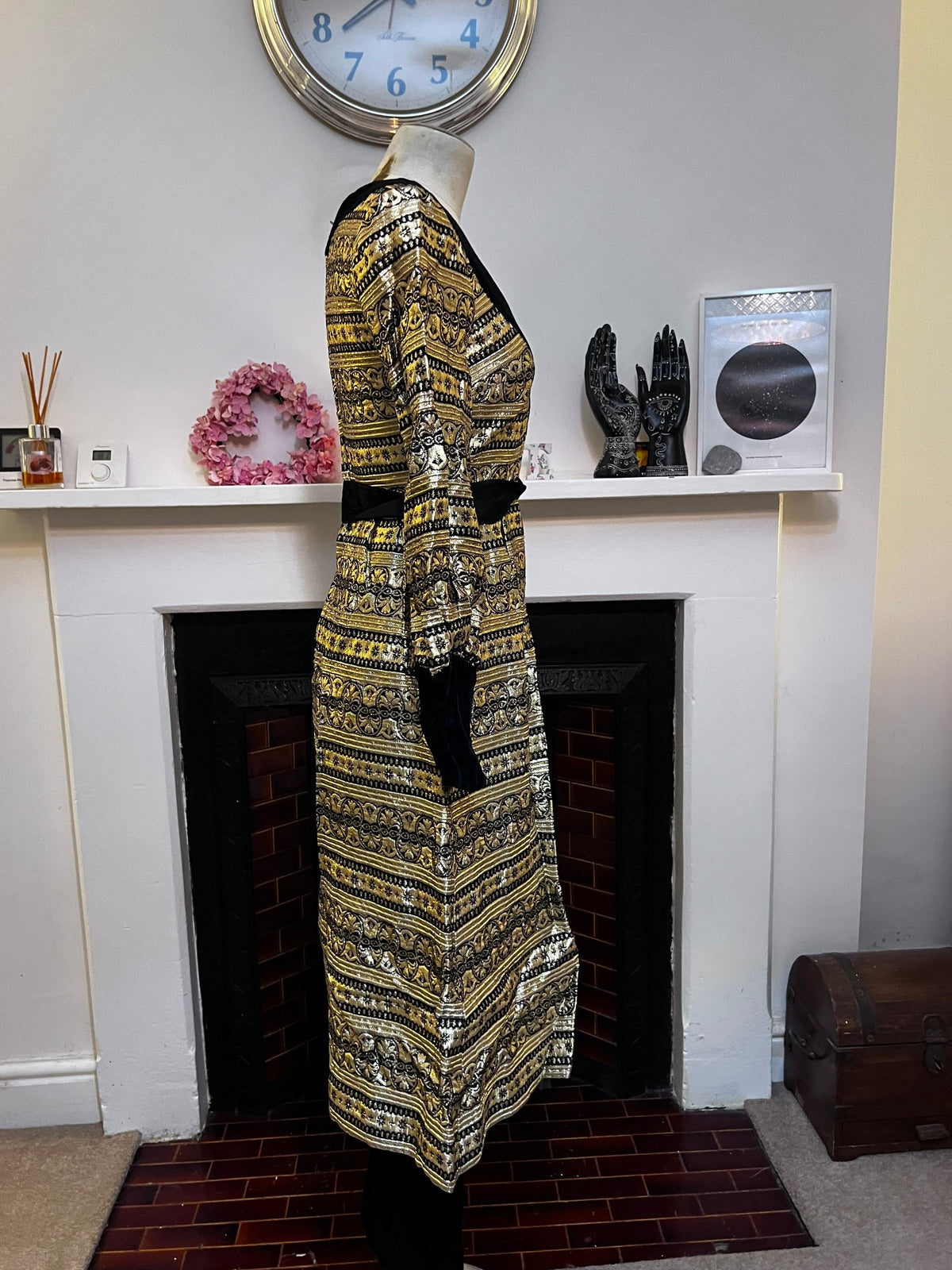 Vintage Tunic & Trousers Jean Varon Black Gold Gold Brocade Velvet Dress and Velvet Trousers 34 UK 8, black gold dress, little black dress,