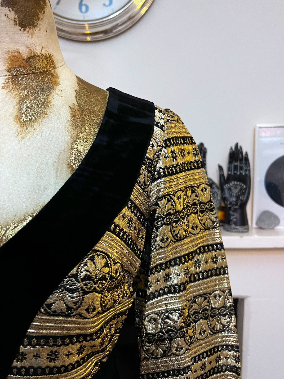 Vintage Tunic & Trousers Jean Varon Black Gold Gold Brocade Velvet Dress and Velvet Trousers 34 UK 8, black gold dress, little black dress,