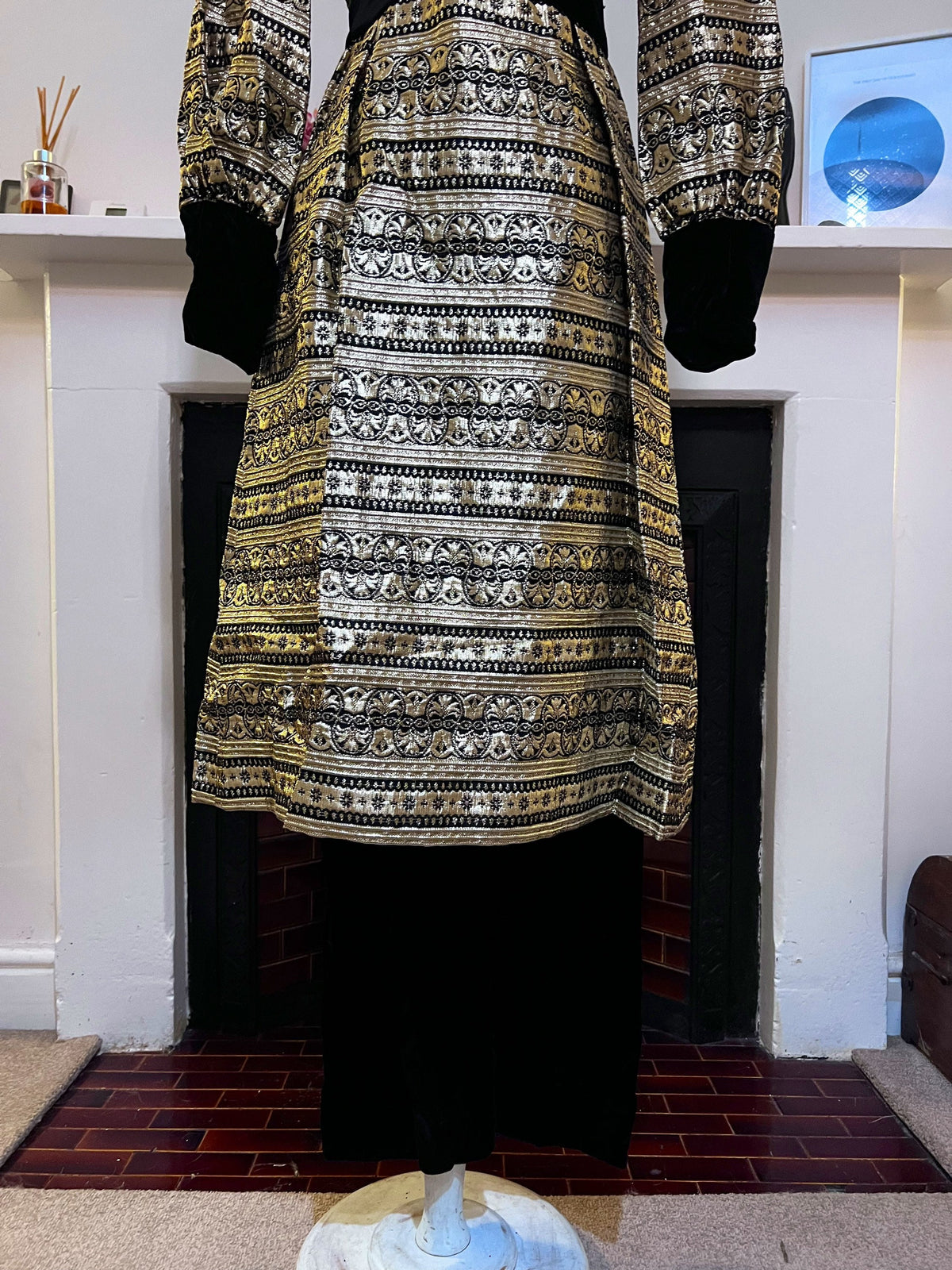 Vintage Tunic & Trousers Jean Varon Black Gold Gold Brocade Velvet Dress and Velvet Trousers 34 UK 8, black gold dress, little black dress,